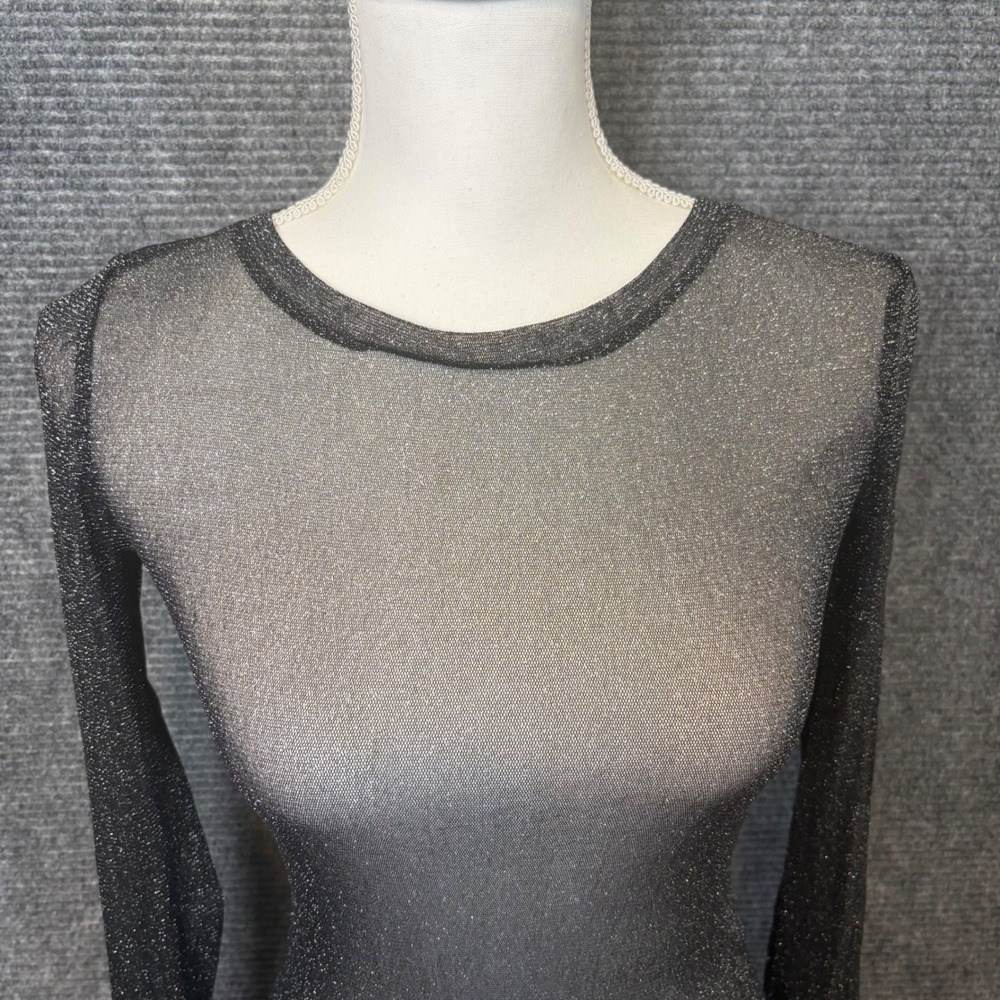 Elodie NWT Black Glitter Sheer Mesh Bodysuit Long Sleeve Party Top Small - Picture 2 of 8